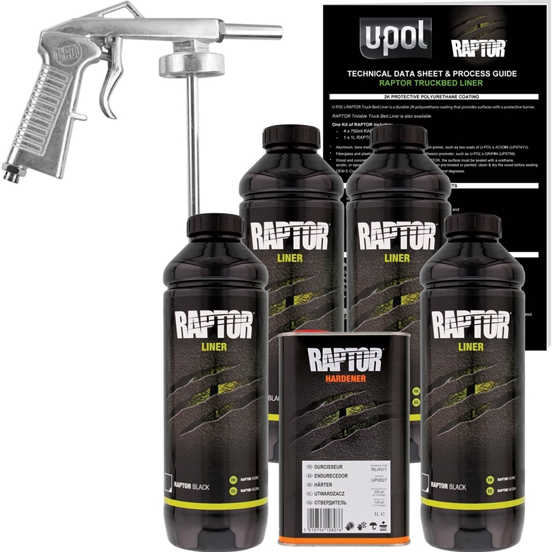 U-POL Raptor Black Urethane Spray-On Truck Bed Liner Kit W/Free Spray Gun, 4 Quarts